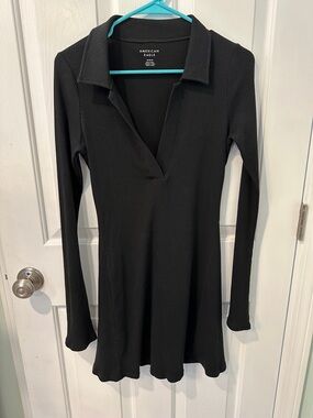 American Eagle Outfitters Long Sleeve Black Ribbed Polo Dress